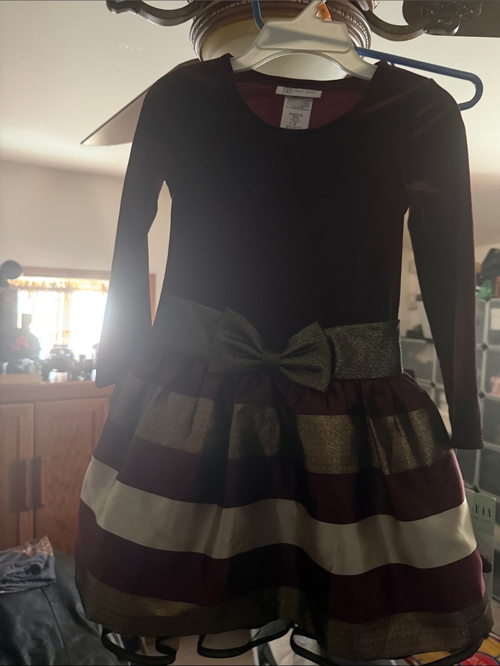 Penelope Mack Maroon, Gold & Cream Stripe Party Dress with Bow